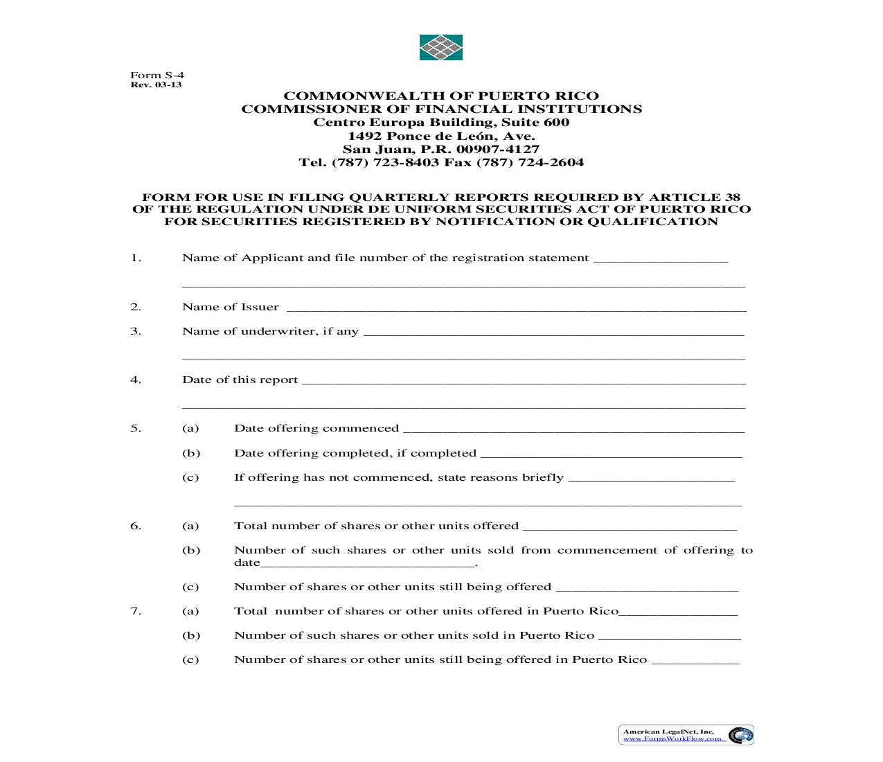 Form For Use In Filling Quarterly Reports Required By Rule S4 For Securities Registered By Notification Or Qualification {S4} | Pdf Fpdf Doc Docx | Puerto Rico