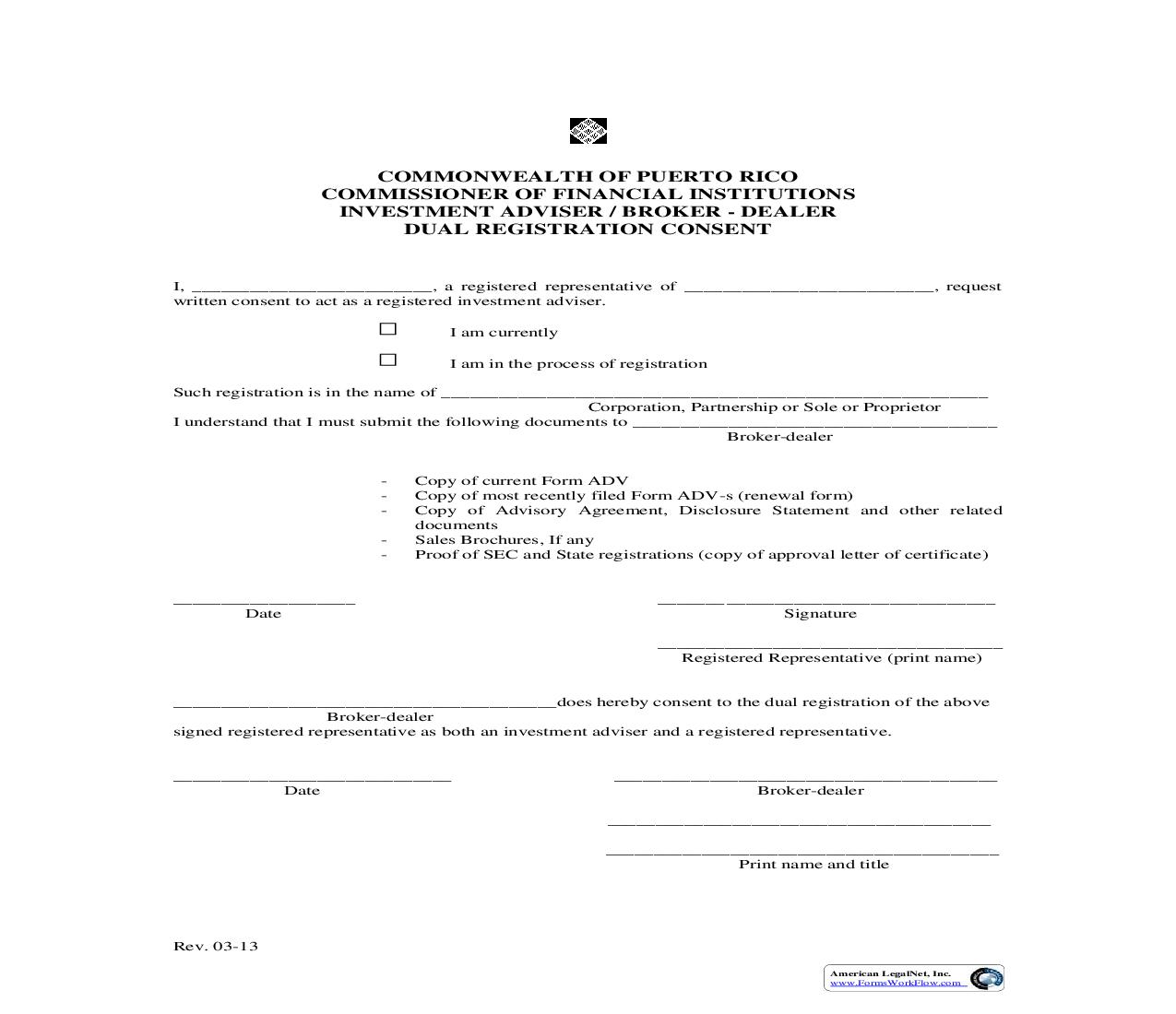 Investment Advisor-Broker Dealer Dual Registration Consent | Pdf Fpdf Doc Docx | Puerto Rico