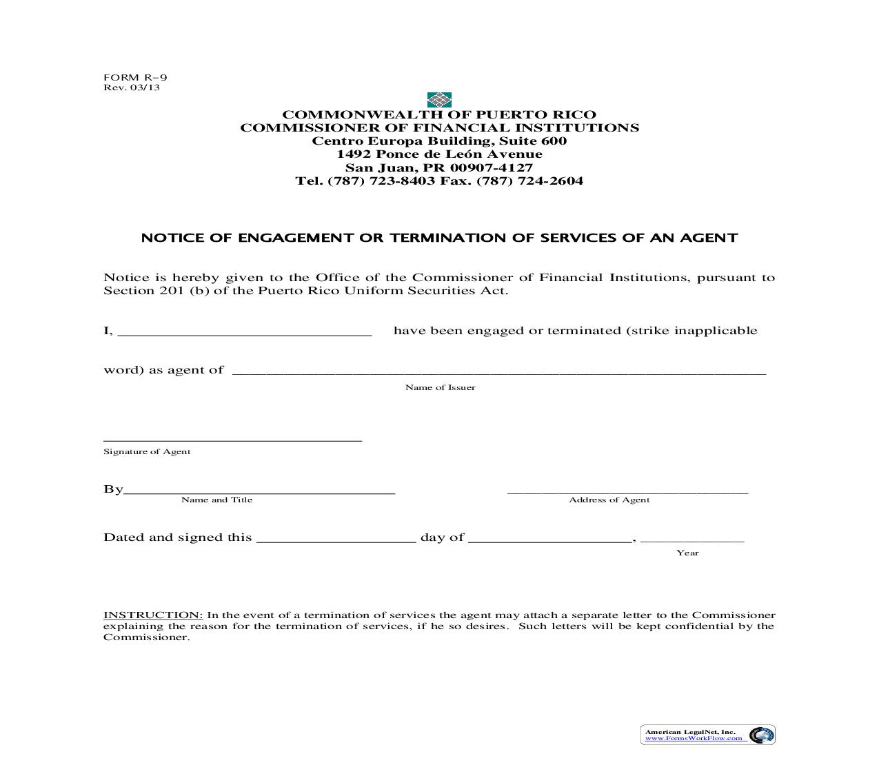 Notice Of Engagement Or Termination Of Services Of An Agent {R9} | Pdf Fpdf Doc Docx | Puerto Rico