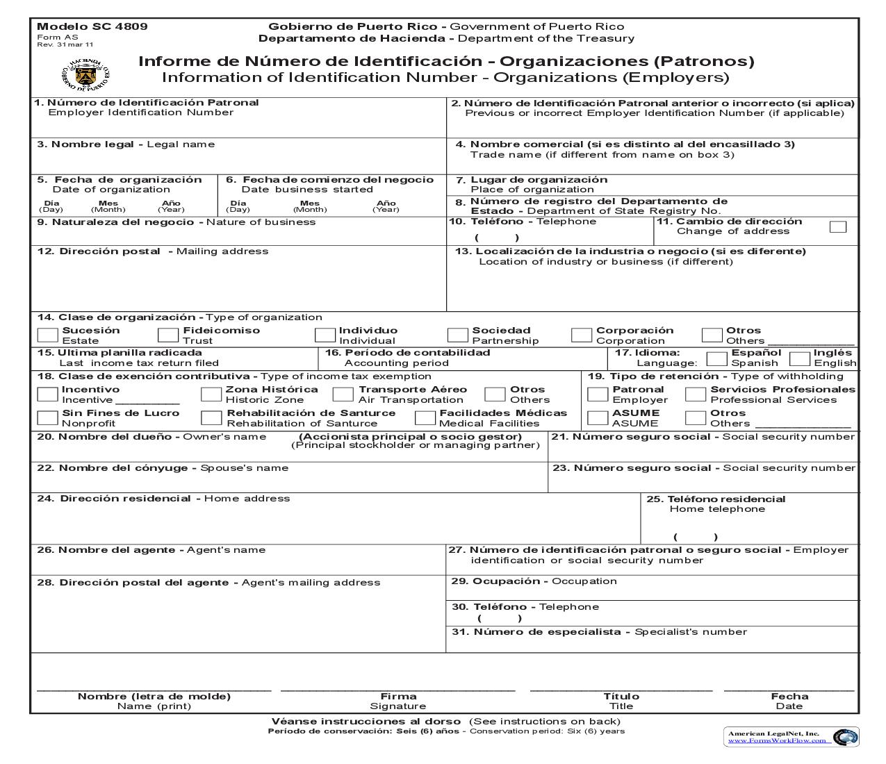 Information Of Identification Number Organizations (Employers) {SC 4809} | Pdf Fpdf Doc Docx | Puerto Rico