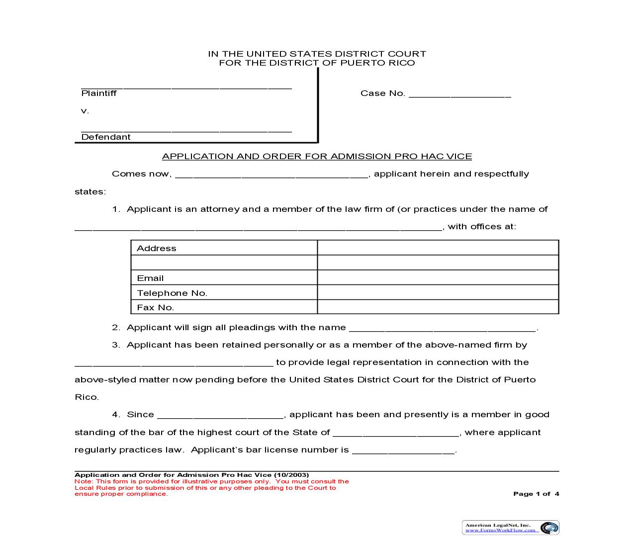 Application And Order For Admission Pro Hac Vice | Pdf Fpdf Doc Docx | Puerto Rico
