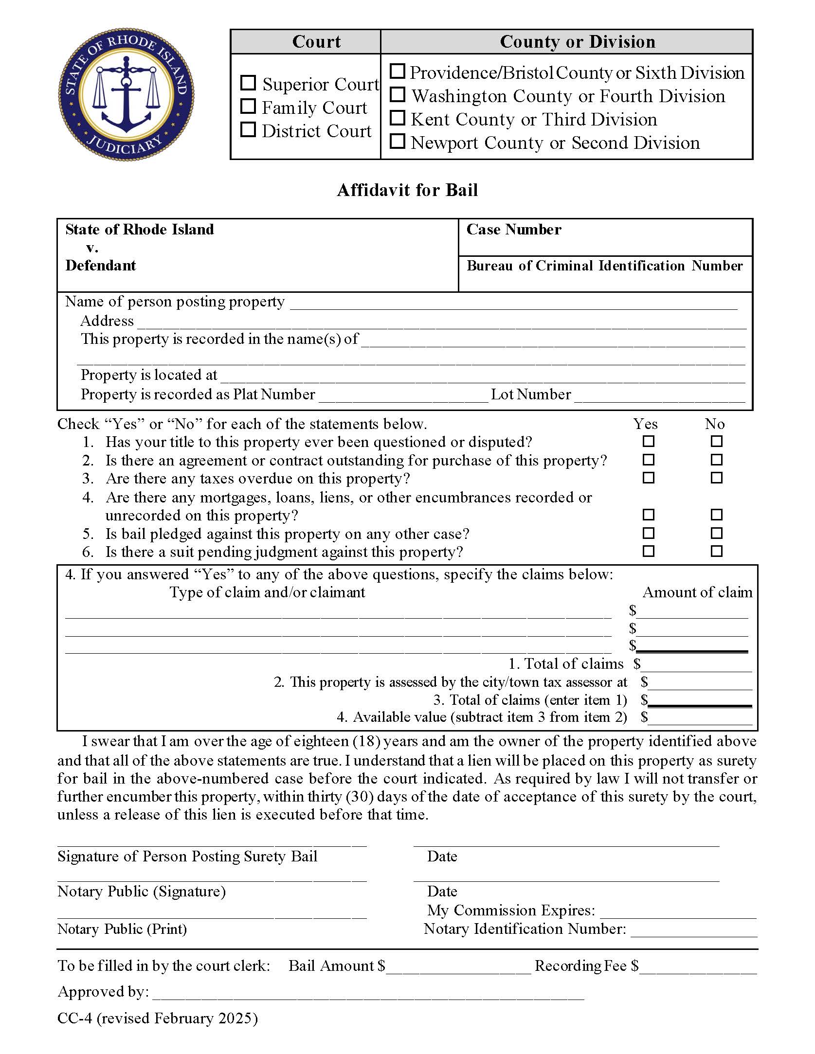 Affidavit For Bail {CC-4} | Pdf Fpdf Docx | Rhode Island