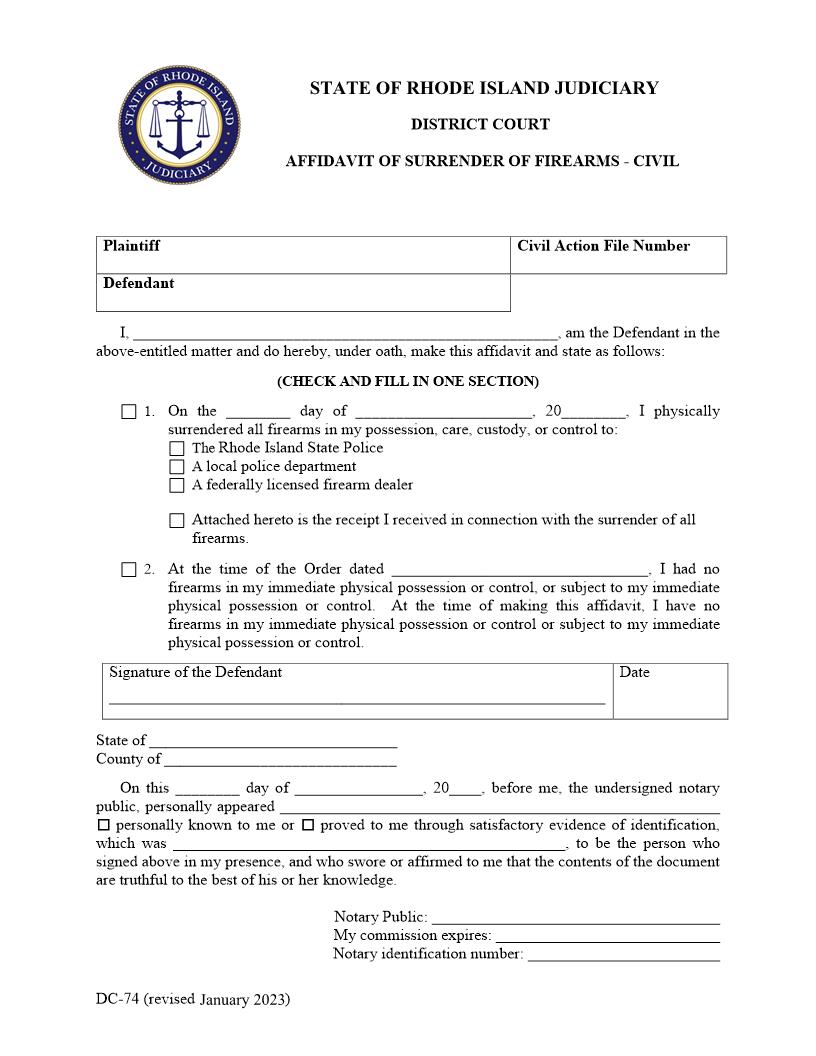 Affidavit Of Surrender Of Firearms - Civil {DC-74} | Pdf Fpdf Docx | Rhode Island
