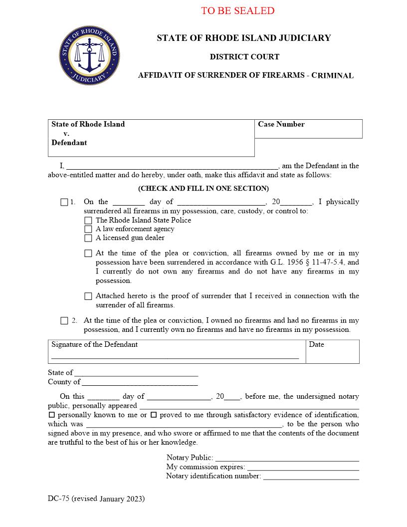 Affidavit Of Surrender Of Firearms - Criminal {DC-75} | Pdf Fpdf Docx | Rhode Island