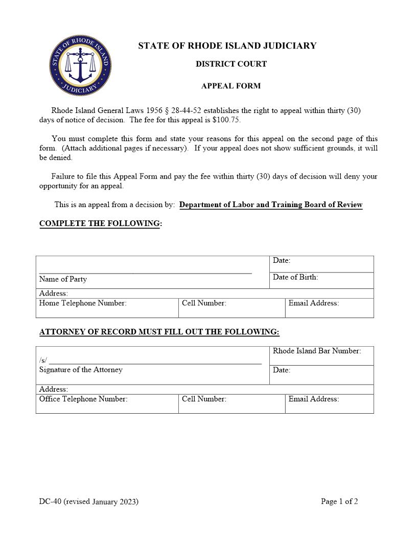 Appeal Form-Department Of Labor And Training Board Of Review {DC-40} | Pdf Fpdf Docx | Rhode Island