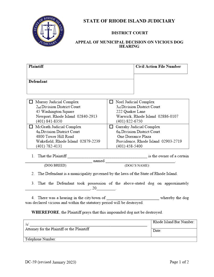 Appeal of Municipal Decision on Vicious Dog Hearing {DC-59} | Pdf Fpdf Docx | Rhode Island