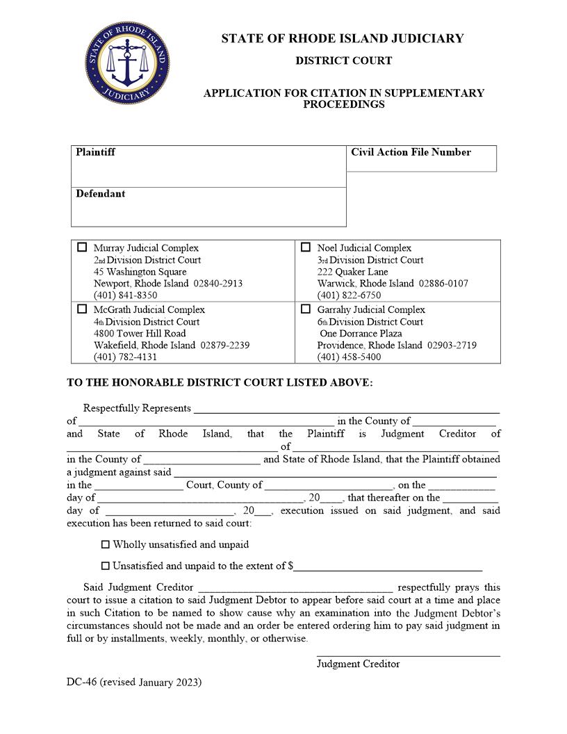 Application For Citation In Supplementary Proceedings {DC-46} | Pdf Fpdf Doc Docx | Rhode Island