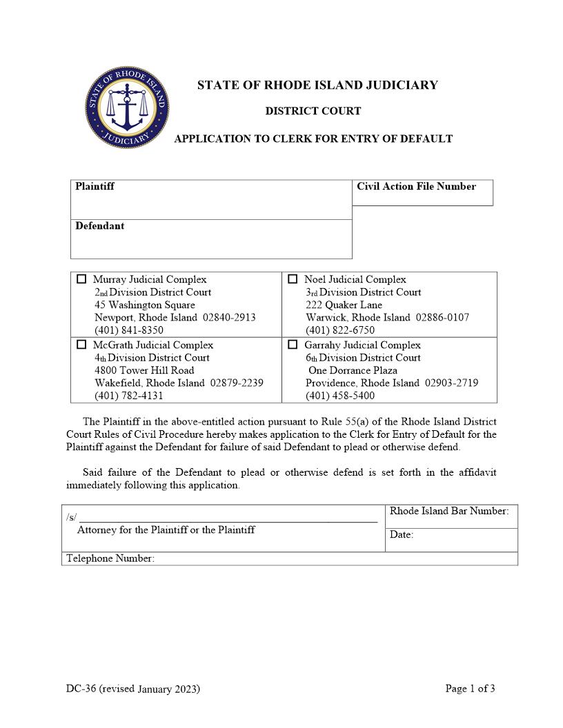 Application To Clerk For Entry Of Default {DC-36} | Pdf Fpdf Docx | Rhode Island