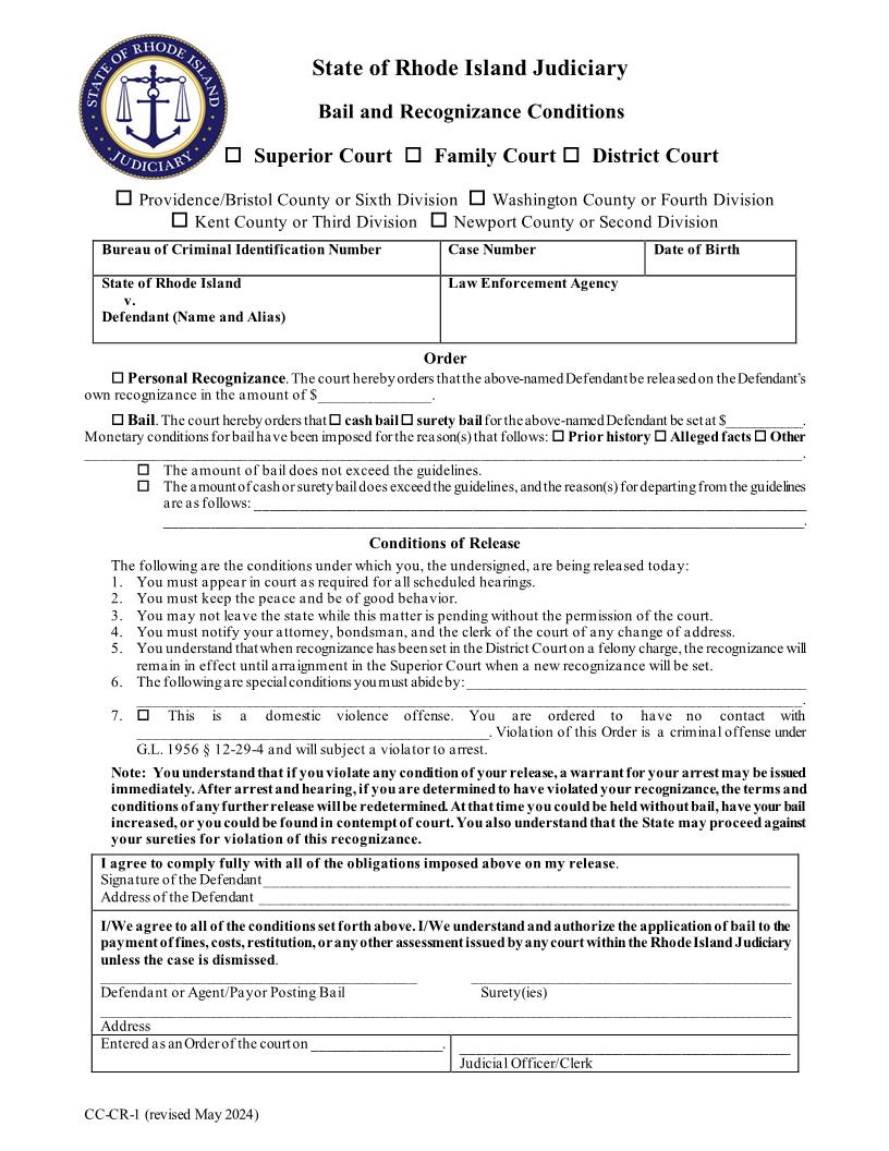 Bail And Recognizance Conditions {CC-CR-1} | Pdf Fpdf Docx | Rhode Island