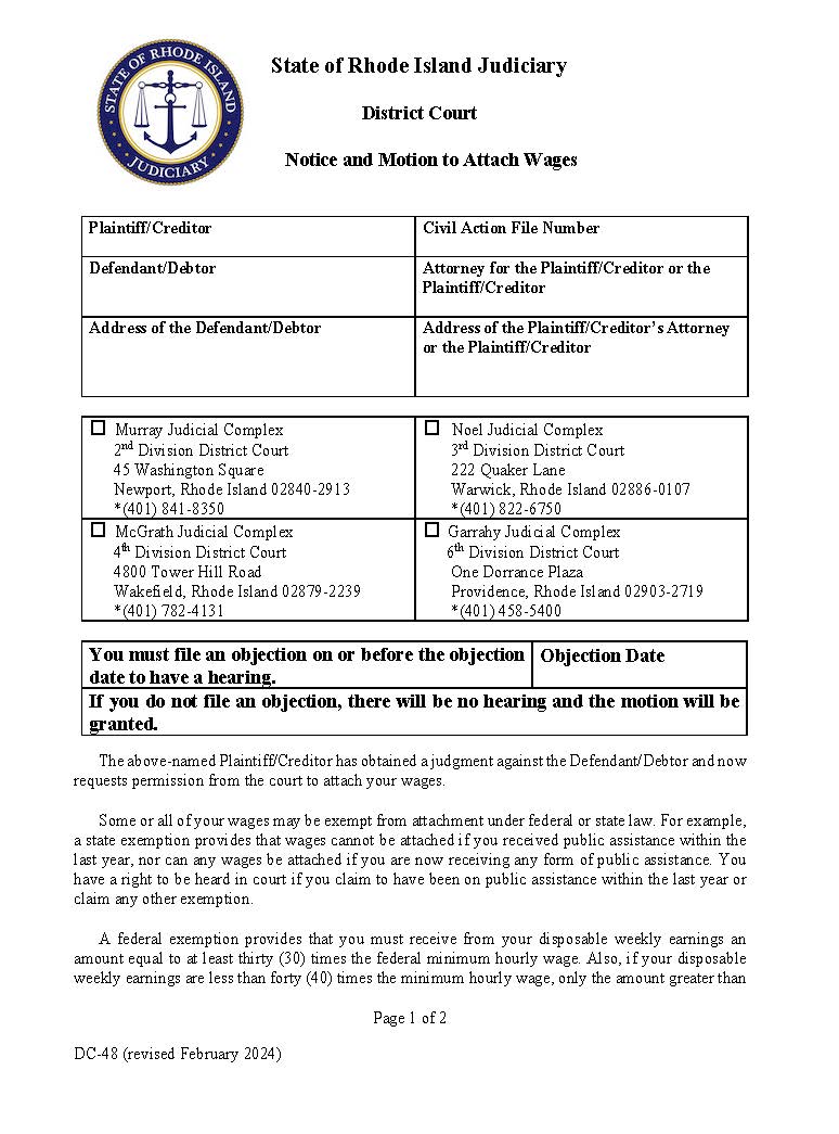 COVID-19 Notice And Motion To Attach Wages {DC-48} | Pdf Fpdf Docx | Rhode Island
