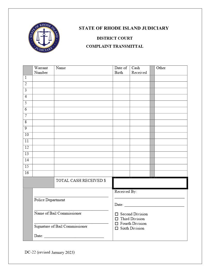 Complaint Transmittal {DC-22} | Pdf Fpdf Doc Docx | Rhode Island