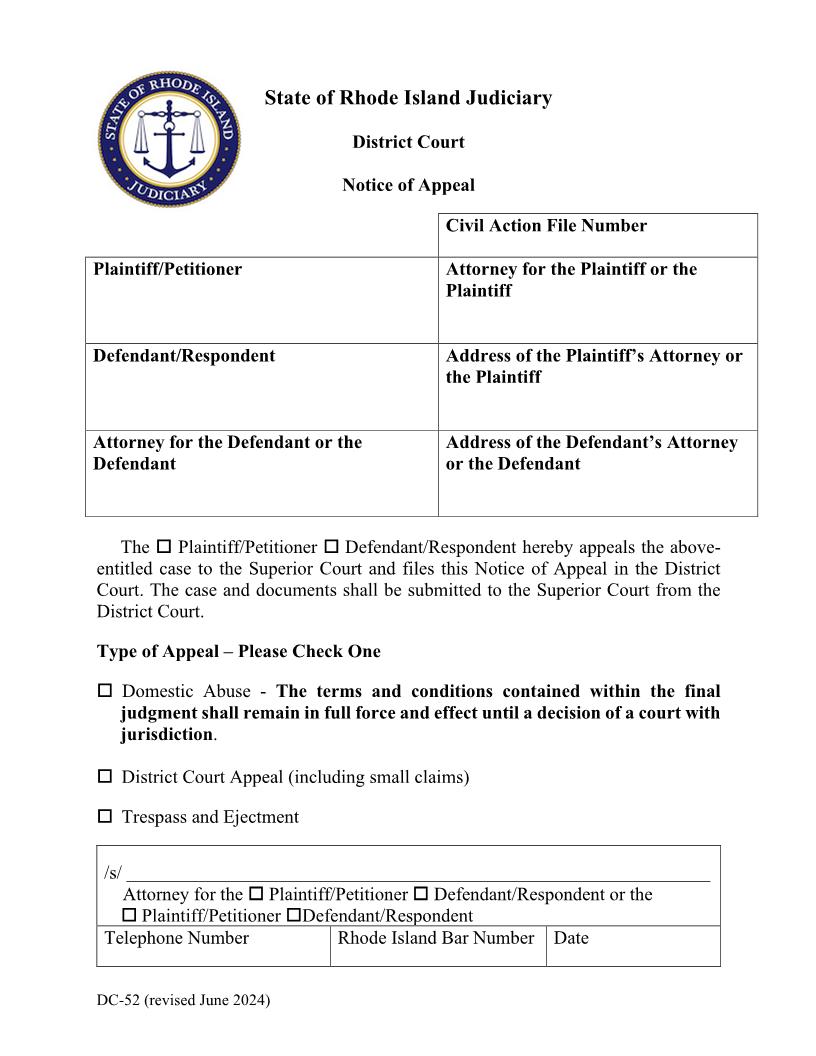 District Court Notice Of Appeal {DC-52} | Pdf Fpdf Doc Docx | Rhode Island