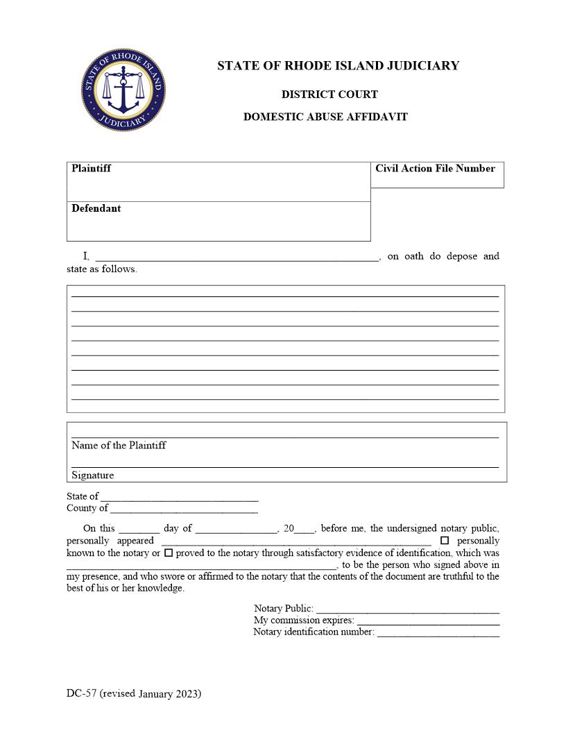 Domestic Abuse Affidavit {DC-57} | Pdf Fpdf Doc Docx | Rhode Island