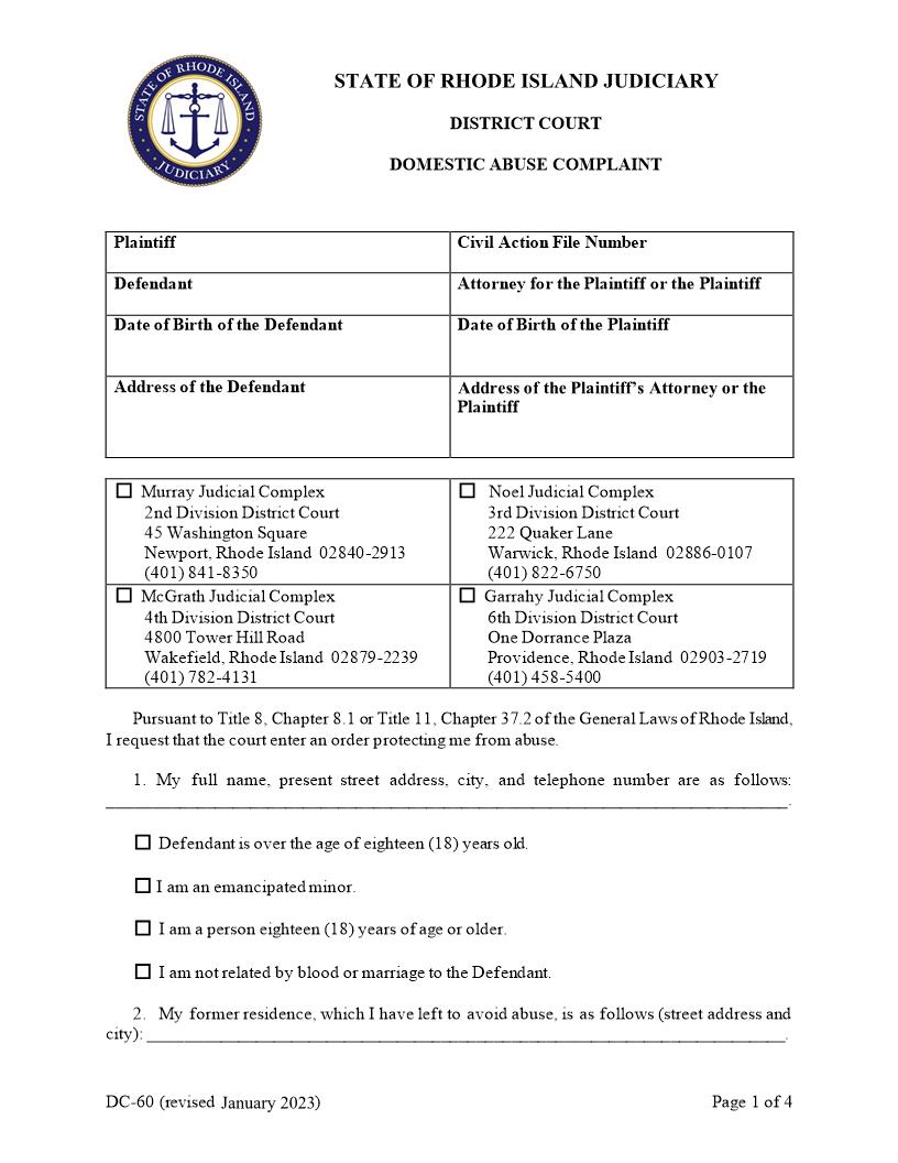 Domestic Abuse Complaint {DC-60} | Pdf Fpdf Docx | Rhode Island