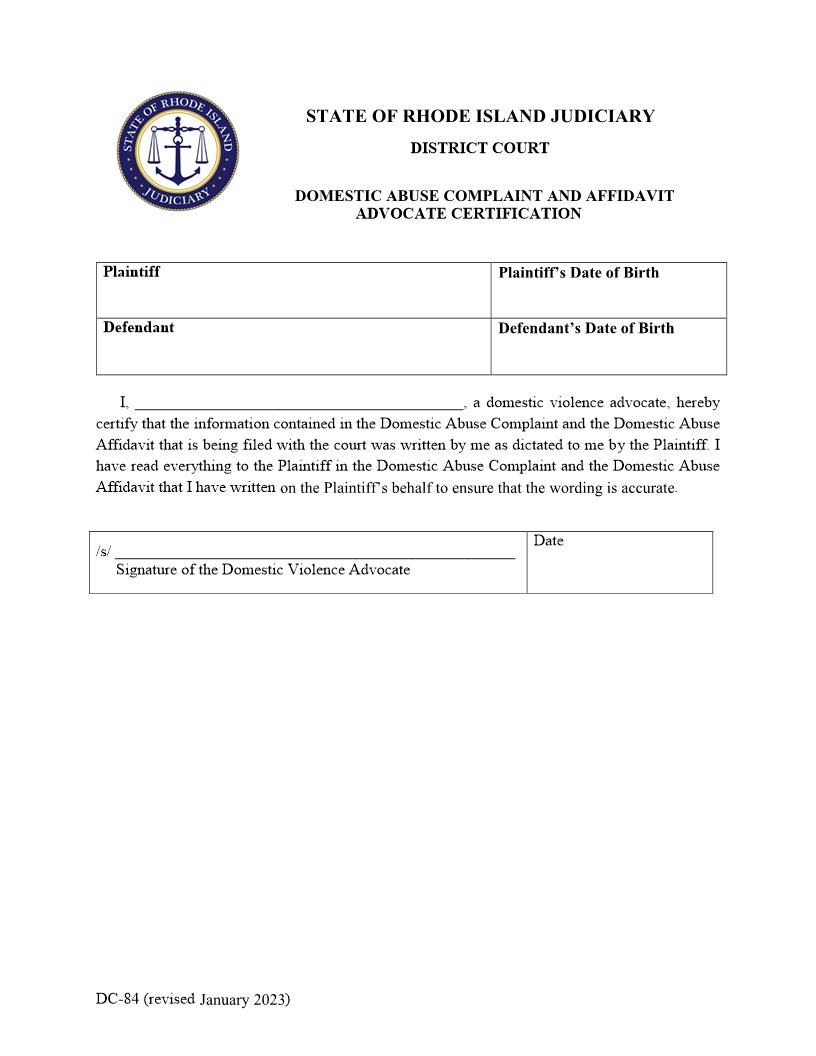 Domestic Abuse Complaint and Affidavit Advocate Certification {DC-84} | Pdf Fpdf Docx | Rhode Island