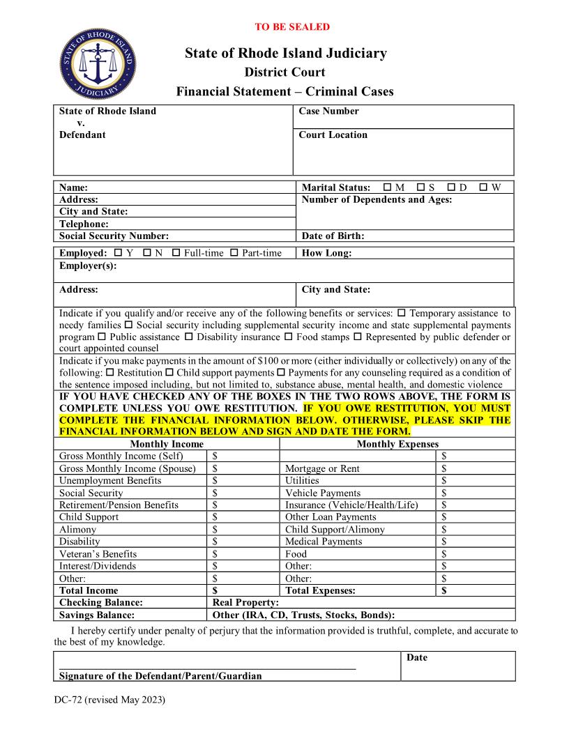 Financial Statement {DC-72} | Pdf Fpdf Docx | Rhode Island