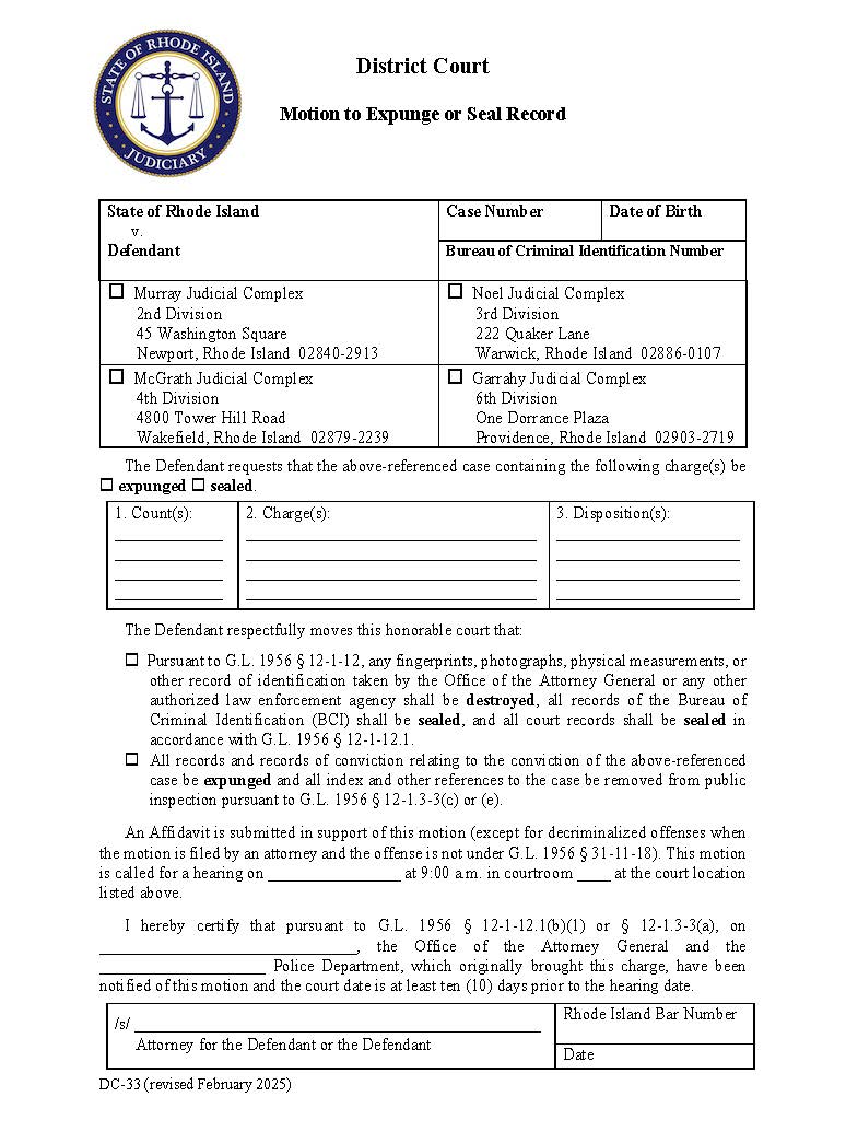 Motion To Expunge Or Seal Record {DC-33} | Pdf Fpdf Docx | Rhode Island