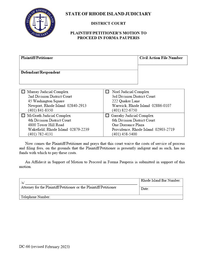 Motion To Proceed In Forma Pauperis {DC-66} | Pdf Fpdf Docx | Rhode Island