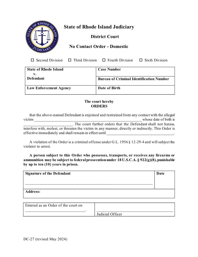 No Contact Order Domestic {DC-27} | Pdf Fpdf Docx | Rhode Island