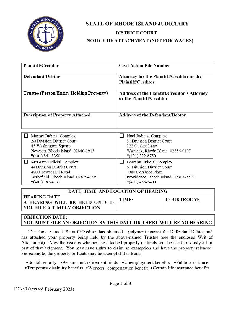 Notice Of Attachment (Not For Wages) {DC-50} | Pdf Fpdf Doc Docx | Rhode Island