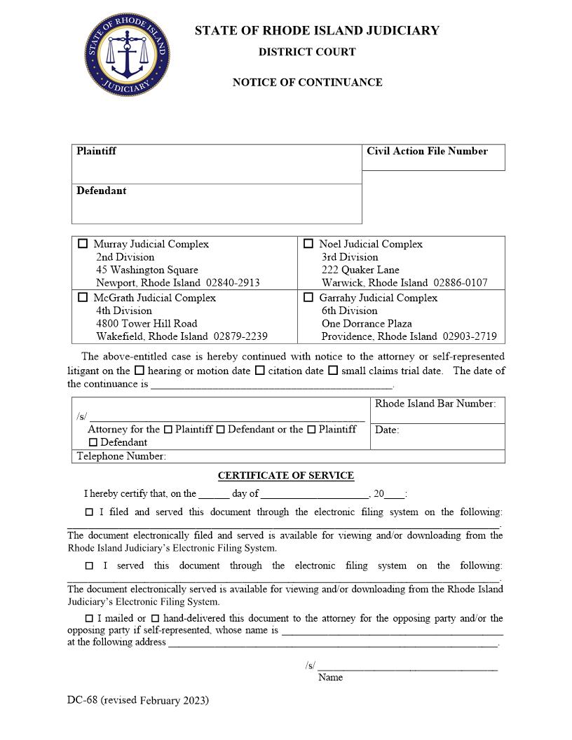 Notice Of Continuance {DC-68} | Pdf Fpdf Doc Docx | Rhode Island