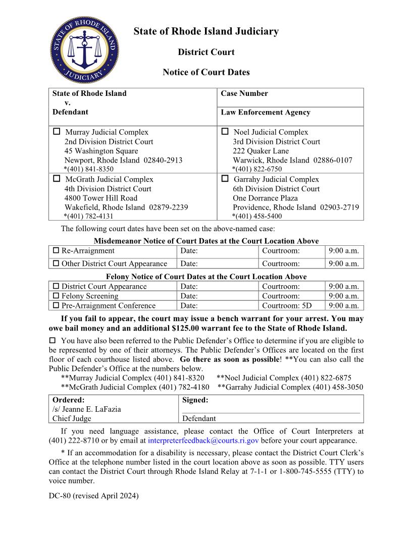 Notice Of Court Dates {DC-80} | Pdf Fpdf Docx | Rhode Island