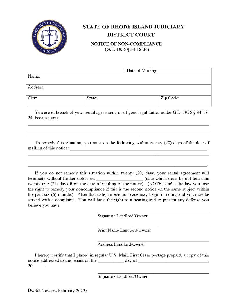 Notice Of Non-Compliance {DC-62} | Pdf Fpdf Doc Docx | Rhode Island