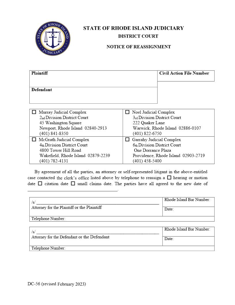 Notice Of Reassignment {DC-56} | Pdf Fpdf Doc Docx | Rhode Island