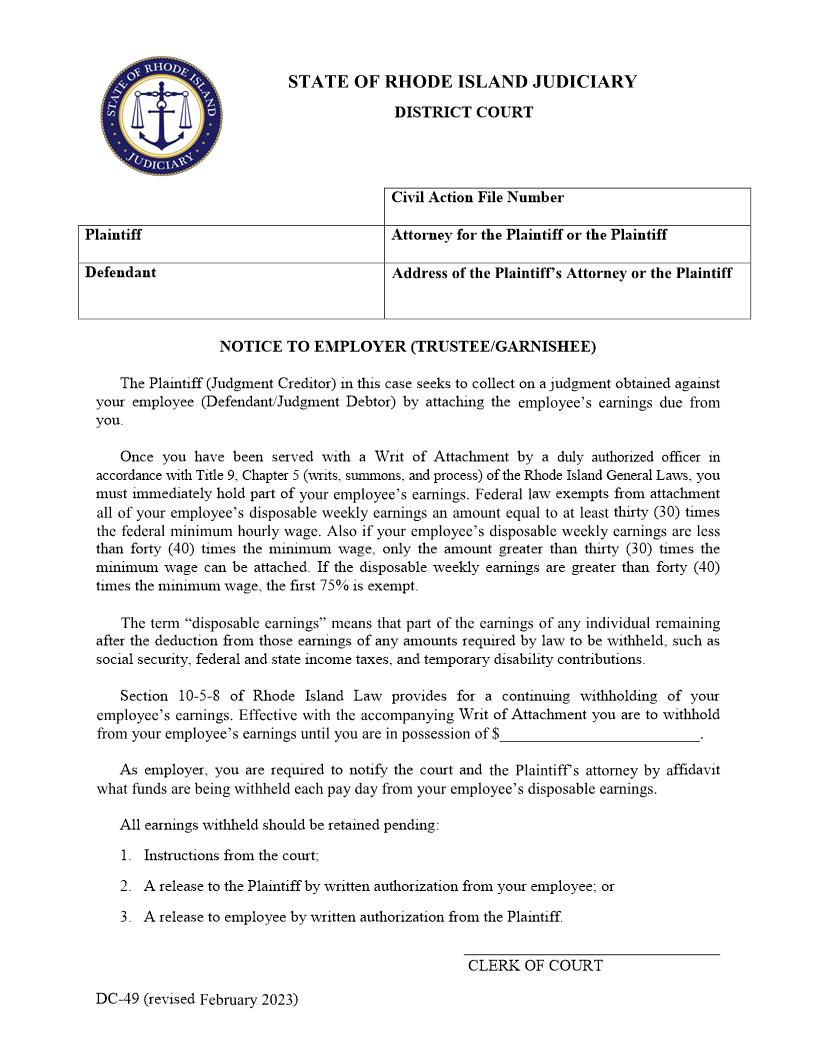 Notice To Employer (Trustee-Garnishee) {DC-49} | Pdf Fpdf Doc Docx | Rhode Island