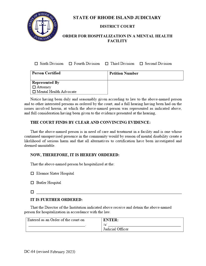Order For Hospitalization In A Mental Health Facility {DC-64} | Pdf Fpdf Docx | Rhode Island