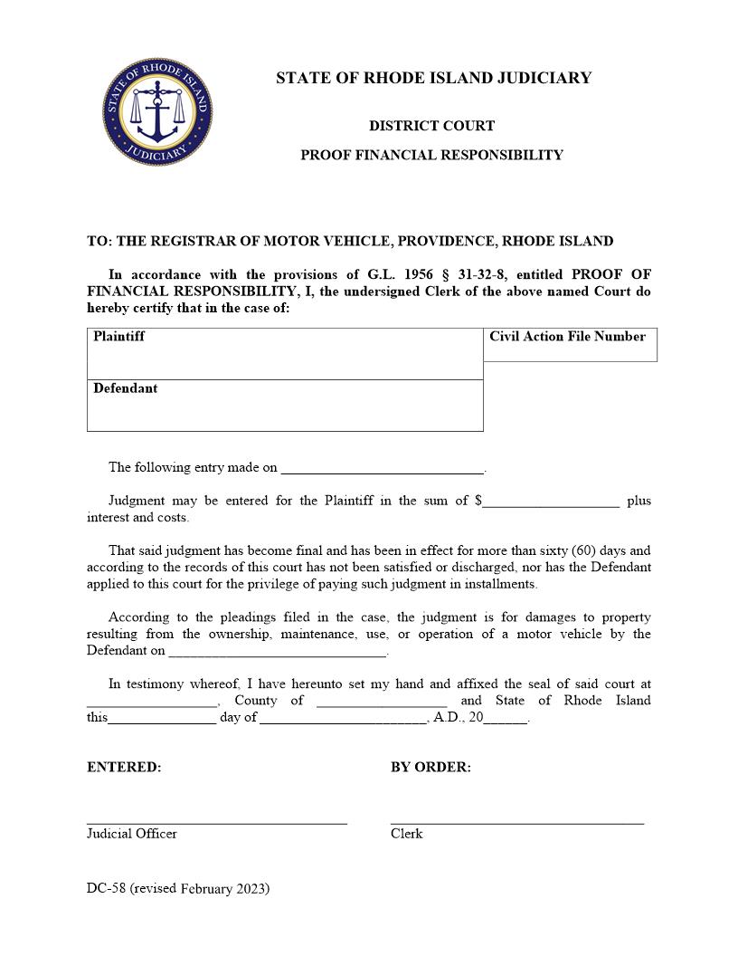Proof Of Financial Responsibility {DC-58} | Pdf Fpdf Doc Docx | Rhode Island