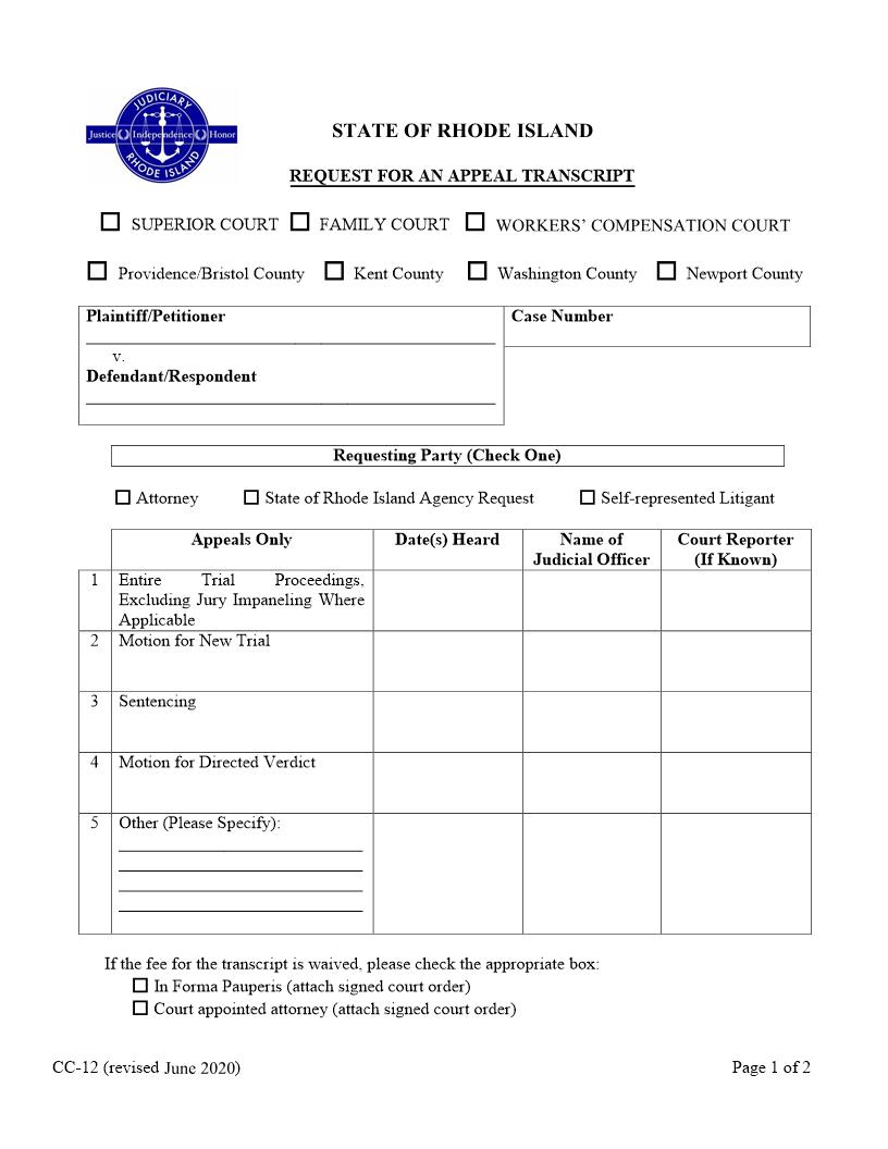 Request For Transcript {CC-12} | Pdf Fpdf Docx | Rhode Island