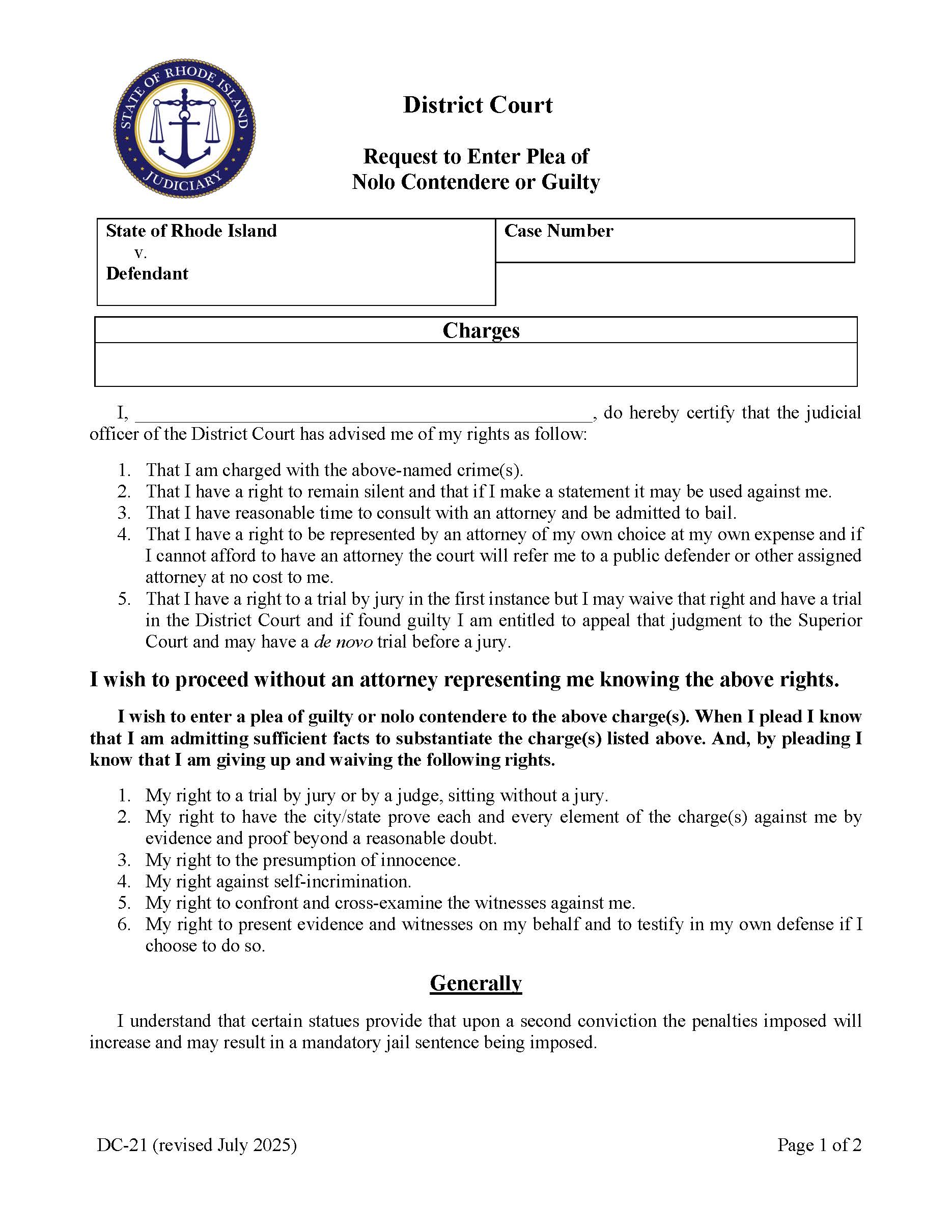 Request To Enter Plea Of Nolo Contendere Or Guilty {DC-21} | Pdf Fpdf Docx | Rhode Island