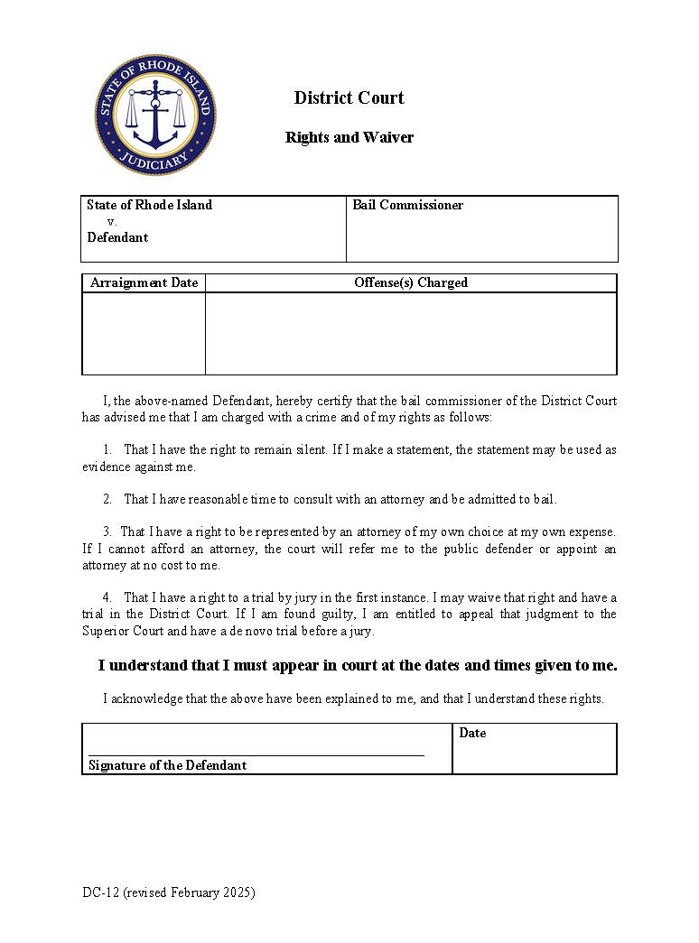 Rights-Waiver Form {DC-12} | Pdf Fpdf Doc Docx | Rhode Island