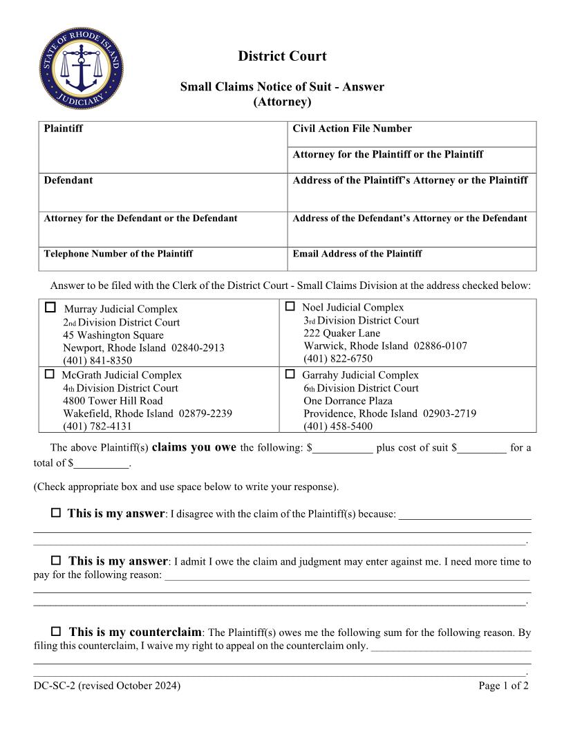 Small Claims Notice Of Suit-Answer {DC-SC-2} | Pdf Fpdf Doc Docx | Rhode Island