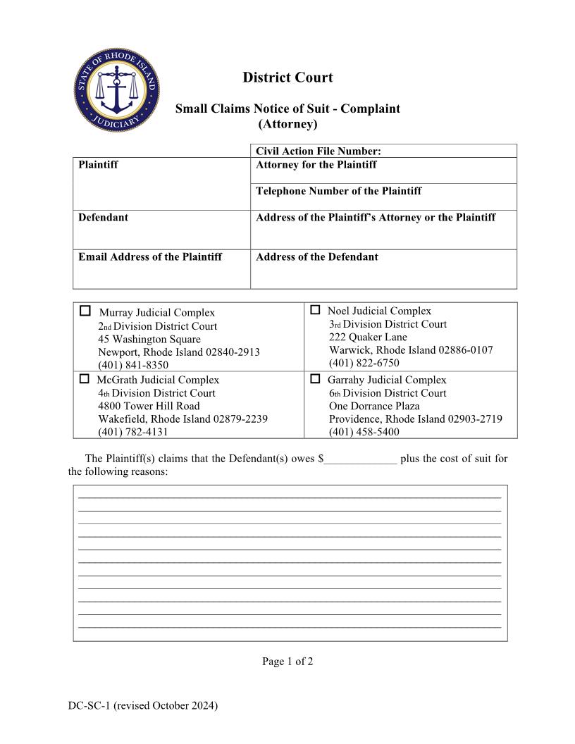 Small Claims Notice Of Suit-Complaint {DC-SC-1} | Pdf Fpdf Doc Docx | Rhode Island