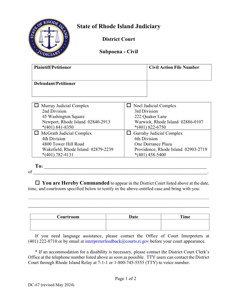Subpoena-Civil {DC-67} | Pdf Fpdf Doc Docx | Rhode Island