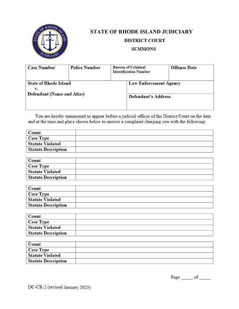 Summons - Criminal {DC-CR-2} | Pdf Fpdf Doc Docx | Rhode Island