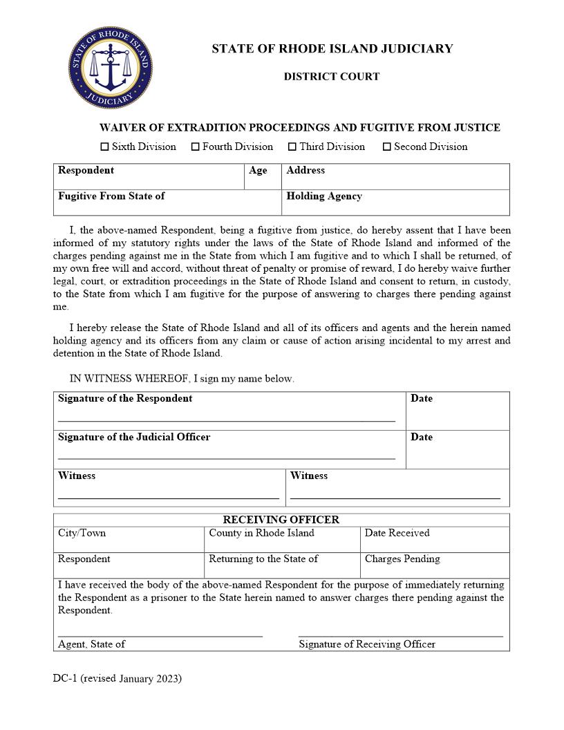 Waiver Of Extradition Proceedings And Fugitive From Justice {DC-1} | Pdf Fpdf Docx | Rhode Island