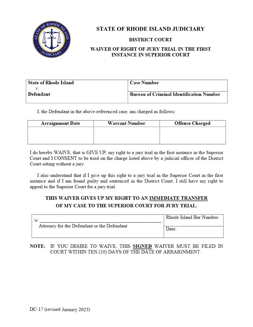 Waiver Of Right Of Jury Trial In The First Instance {DC-17} | Pdf Fpdf Doc Docx | Rhode Island