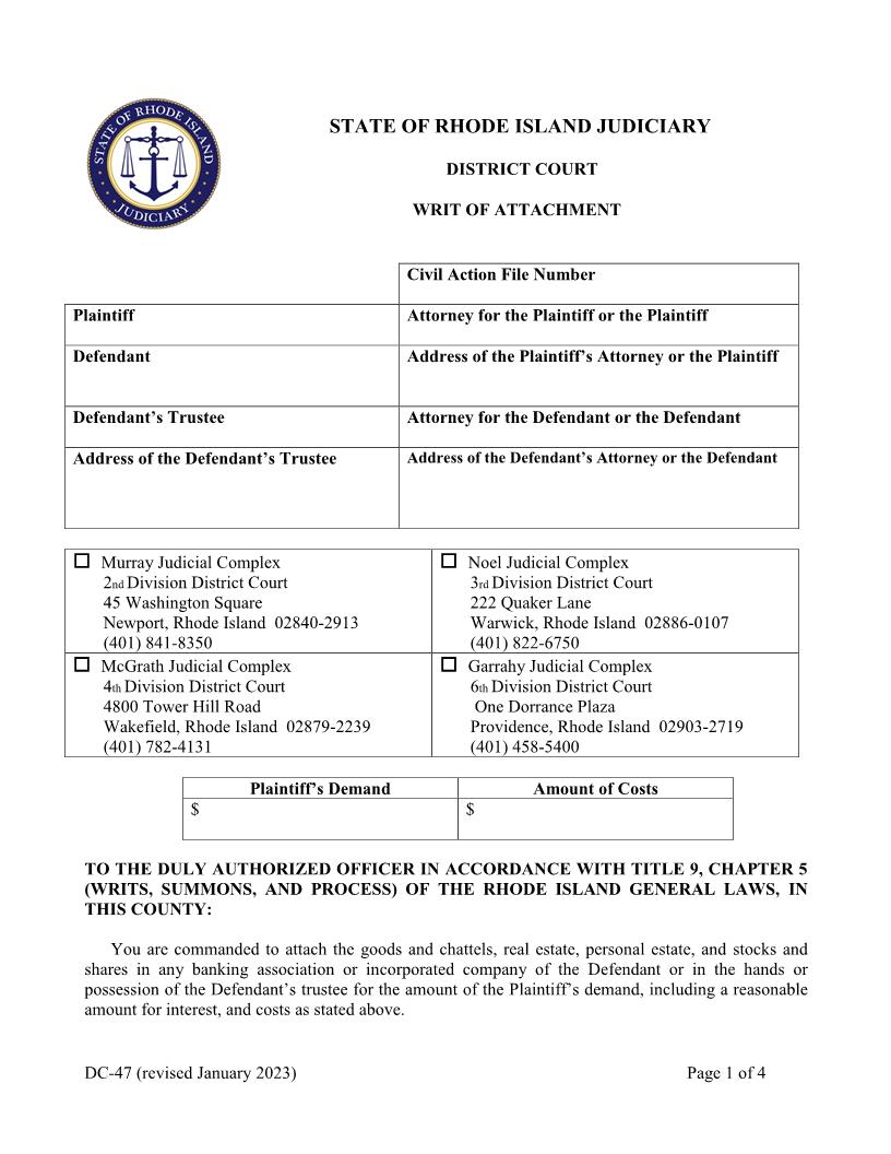 Writ Of Attachment {DC-47} | Pdf Fpdf Doc Docx | Rhode Island