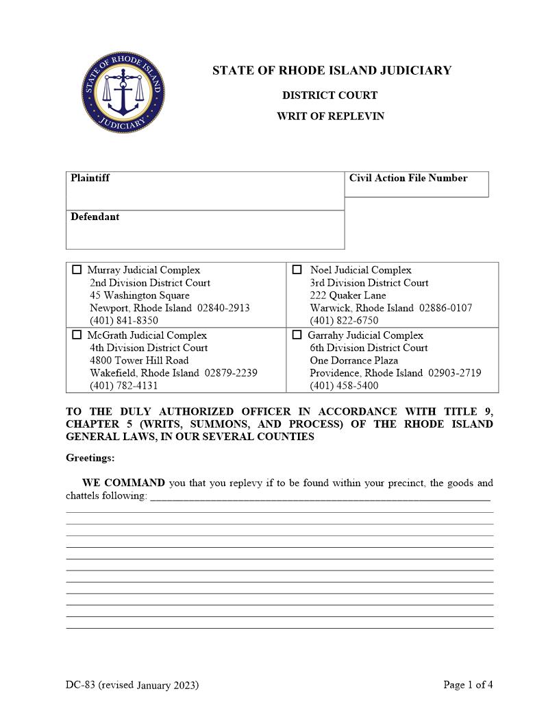 Writ of Replevin {DC-83} | Pdf Fpdf Docx | Rhode Island