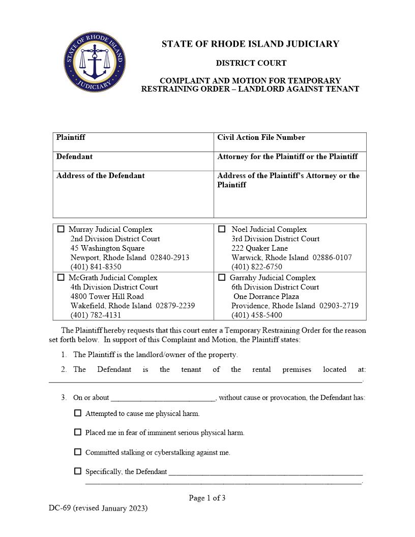 Complaint And Motion For Temp Restraining Order Landlord Against Tenant {DC-69} | Pdf Fpdf Docx | Rhode Island