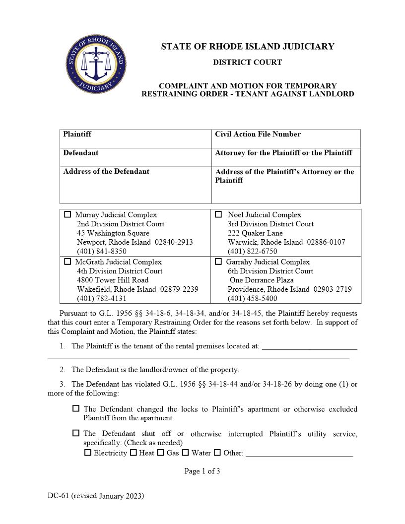 Complaint And Motion For Temporary Restraining Order-Tenant Against Landlord {DC-61} | Pdf Fpdf Doc Docx | Rhode Island