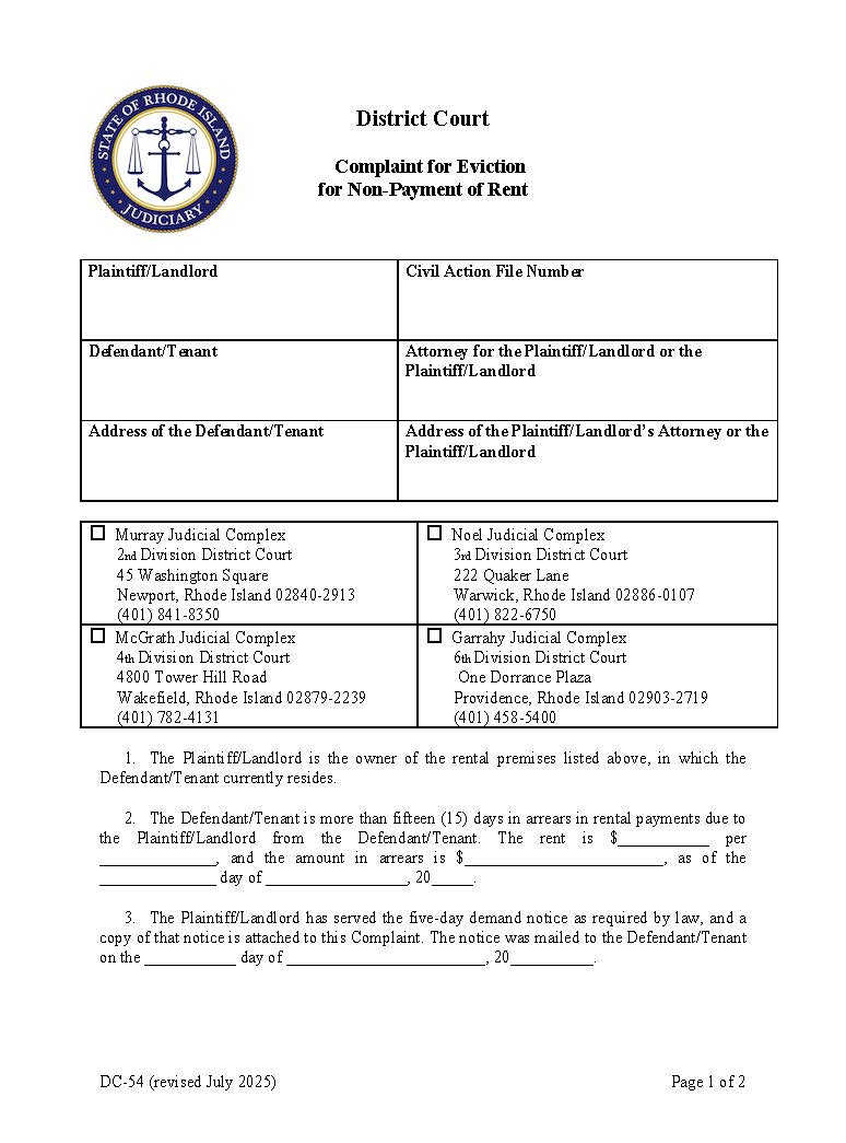 Complaint For Eviction For Non-payment Of Rent {DC-54} | Pdf Fpdf Doc Docx | Rhode Island