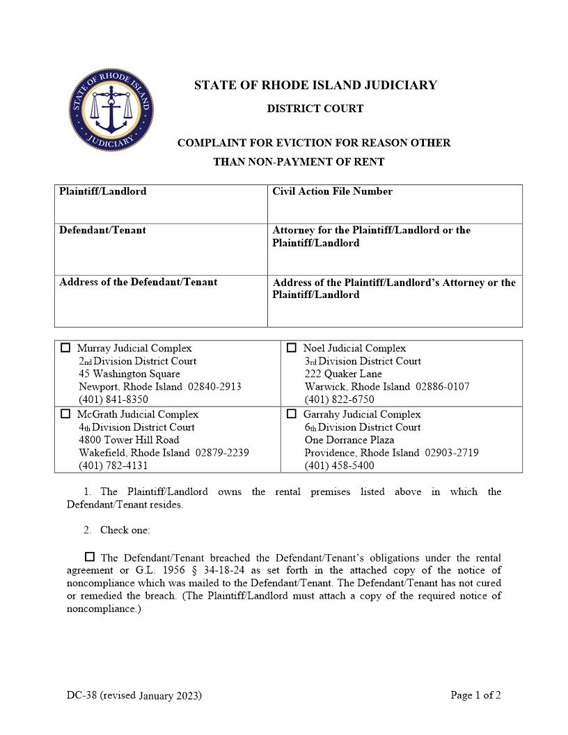 Complaint For Eviction Other Than Non-Payment {DC-38} | Pdf Fpdf Docx | Rhode Island