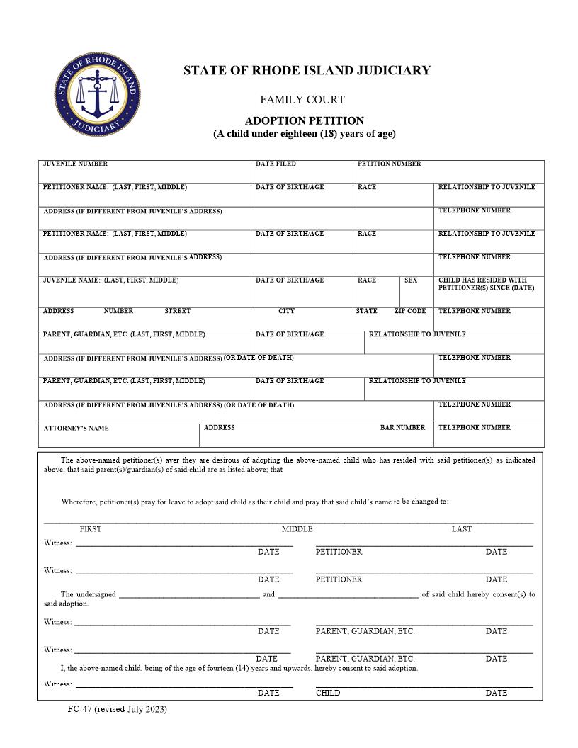 Adoption Petition {FC-47} | Pdf Fpdf Docx | Rhode Island