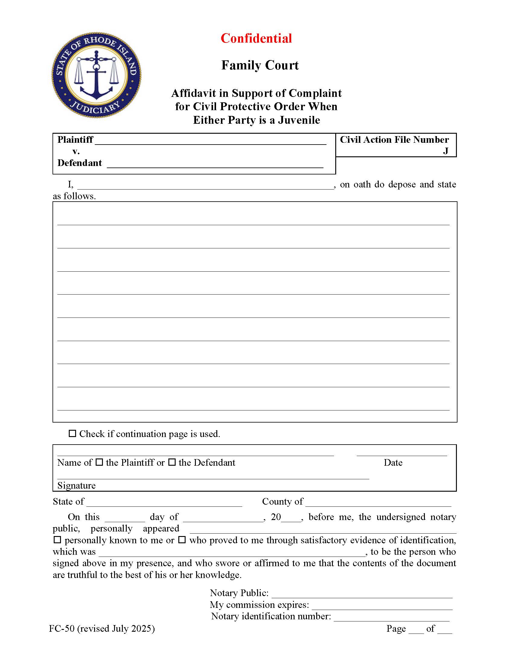 Affidavit In Support Of Complaint For Civil Protective Order When Either Party Is A Juvenile {FC-50} | Pdf Fpdf Docx | Rhode Island