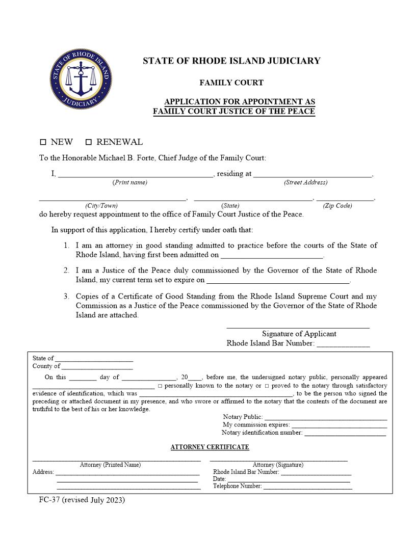 Application For Appointment As Family Court Justice Of The Peace {FC-37} | Pdf Fpdf Doc Docx | Rhode Island