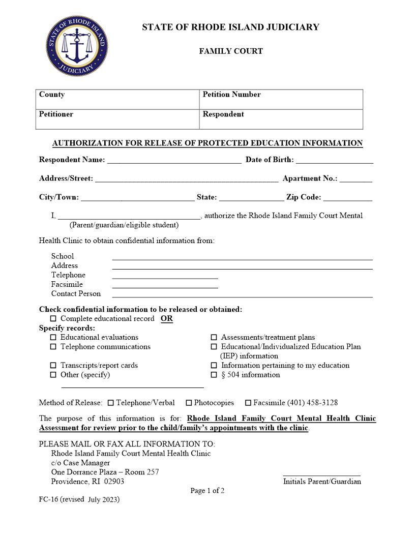 Authorization For Release Of Protected Education Information {FC-16} | Pdf Fpdf Doc Docx | Rhode Island